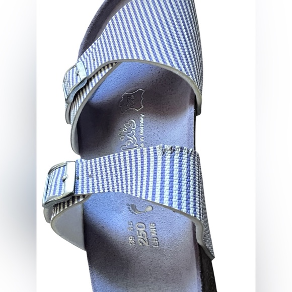 Birkenstock Birkis Aziza Two Strap Narvic Stripes Lilac & White Sandals Size 8 - Picture 9 of 14